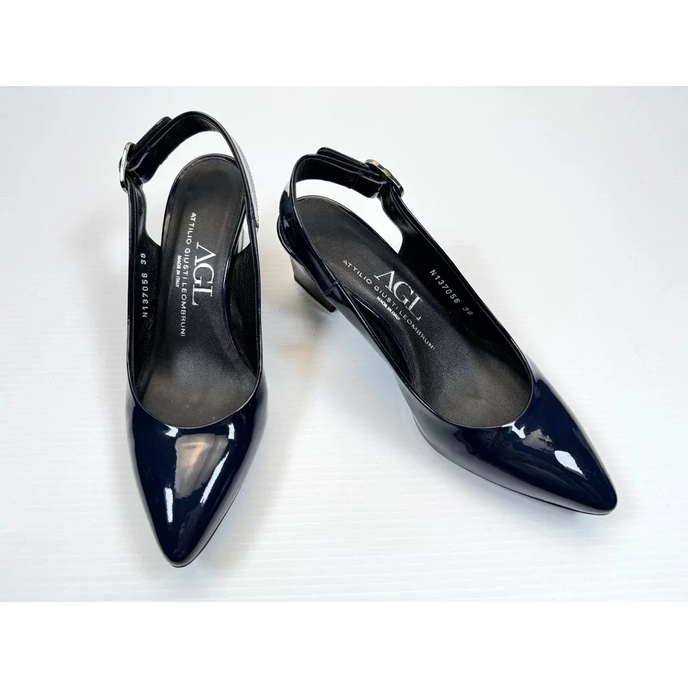 AGL Block Heel Slingback Pump Women 38 US 8 EUC Leather Navy Sandals Pointed Toe